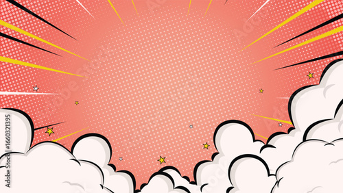 Colorful retro pop art comic style background with pink halftone rays, white clouds and yellow stars, ideal for posters, covers, banners, wallpapers, flyers and creative designs