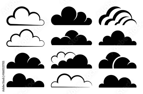 Collection of Black and White Cloud Icons and Illustrations
