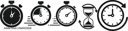 Set of black and white time icons stopwatch, timer, hourglass, and clock vector symbols.