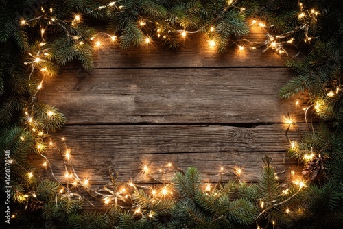 Christmas background with fir branches, decorations and string lights in the frame and an empty space for content on rustic wooden table. Top view. MZ 