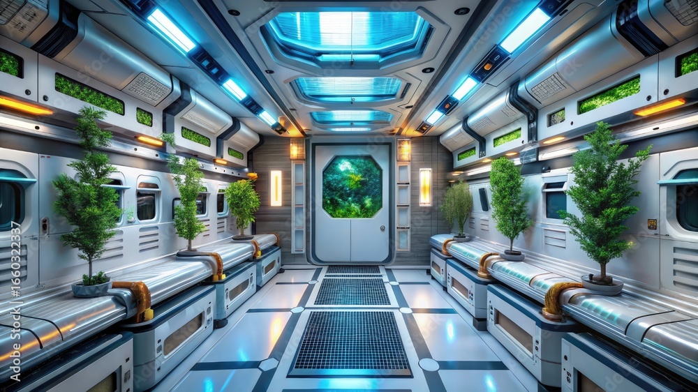 Fototapeta premium space station interior with modular living pods and LED panels.