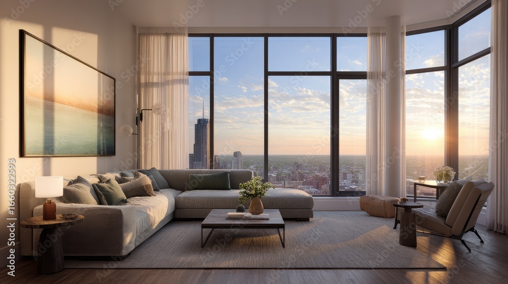 Fototapeta premium Modern living room interior with large windows showcasing sunset view over city skyline, elegant furnishings, and serene atmosphere