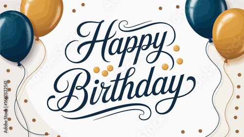  Elegant birthday card with cursive “Happy Birthday” text, blue and gold balloons, gold confetti, and clean white background design