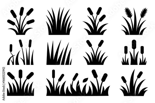 Collection of Black and White Icons Featuring Cattails and Grasses