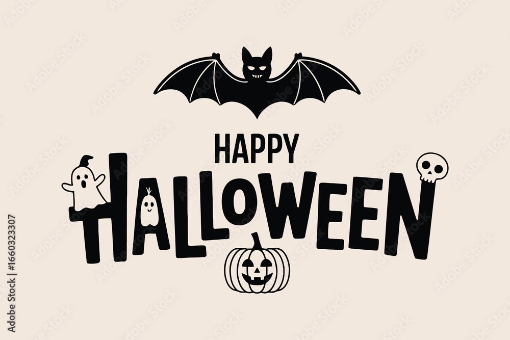 Fototapeta premium Happy Halloween typography logo with bat, ghost, and pumpkin in a modern black and white vector design for greeting cards.