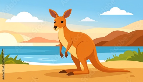 A cheerful kangaroo stands on a sandy beach, overlooking a calm blue river, bathed in the warm glow of a serene sunset.
