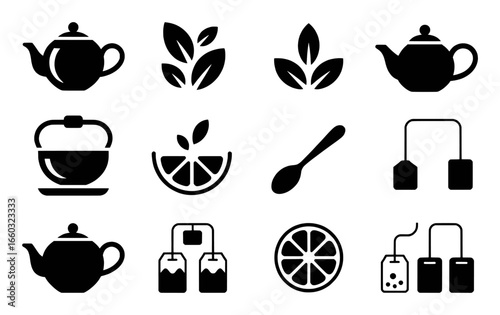Collection of Black and White Icons Related to Tea and Beverages