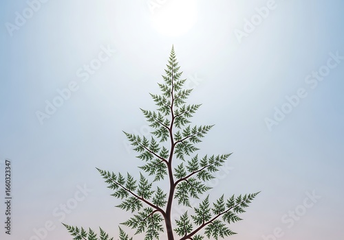 Abstract digital art featuring a beautiful fractal tree with intricate branches and green foliage against a soft gradient sky. An example of algorithmic generative art.