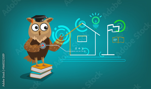 Owl Uses Touchscreen Interactive Virtual System with Graphical Data. Editable Clip Art eps10
