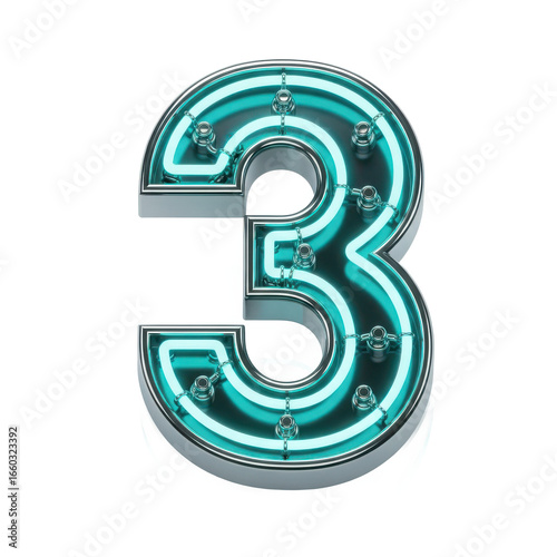 Retro glowing neon number three with metallic frame and illuminated light bulbs isolated on transparent background