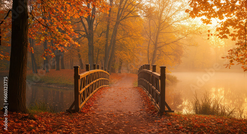 Fototapeta Naklejka Na Ścianę i Meble -  Autumn scenery in foggy morning, lake bridge in fall forest gold woods