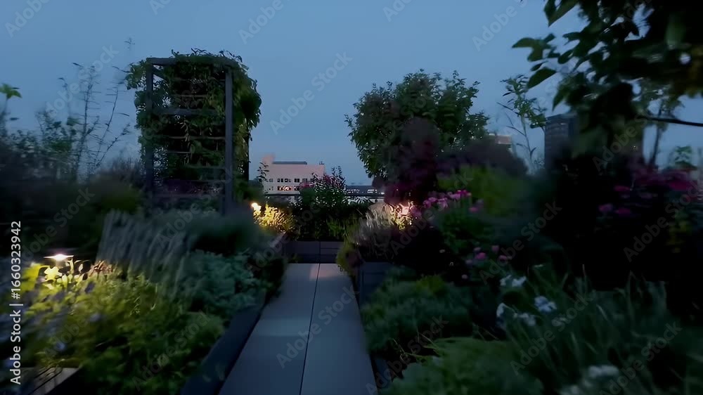 Illuminated Lush Rooftop Garden with Flowers in Twilight in a City Scape Illuminated Lush Rooftop Garden with Flowers in Twilight in a City Scape
