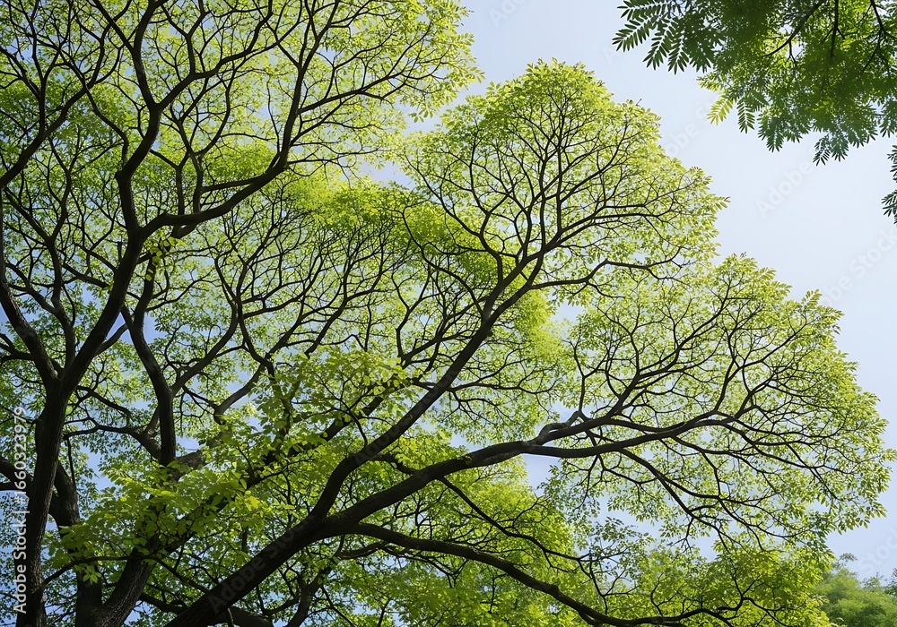 Fototapeta premium Looking up into a vibrant green tree canopy with dark branches silhouetted against a clear blue sky, evoking nature's beauty and growth.