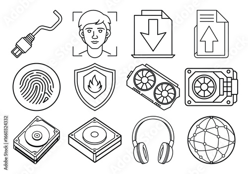 Collection of technology icons silhouette isolated on white background