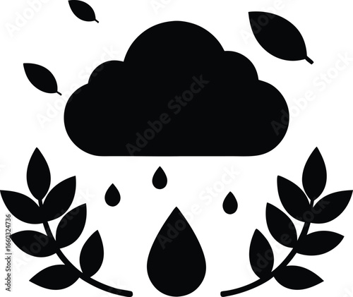 Stylized silhouette of a rain cloud with falling raindrops and autumnal leaves isolated on white background