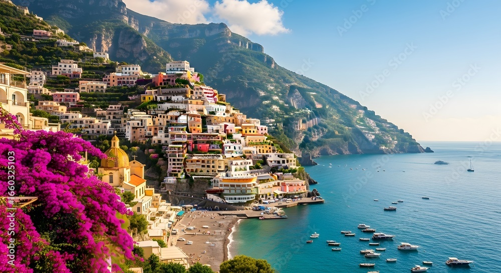 Naklejka premium Photo of picturesque coastal town with colorful houses cascading down a cliffside overlooking the blue sea