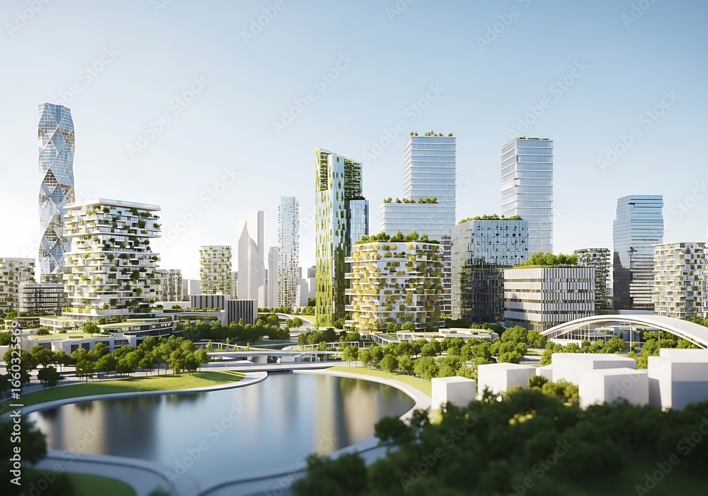 Fototapeta premium A stunning 3D render of a futuristic sustainable city with modern green architecture, lush parks, and a serene lake under a clear sky. Eco-friendly urban design.