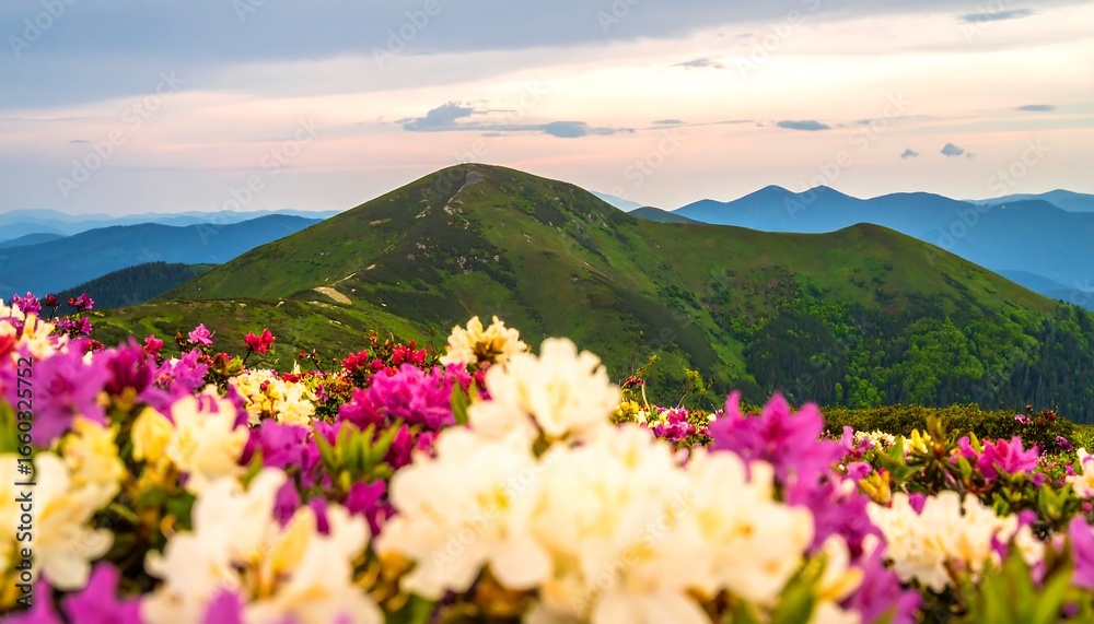 Obraz premium A vibrant display of wildflowers, vibrant colors, and a majestic mountain range at sunset.