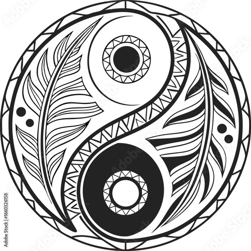 Yin Yang with Tribal Lines Detailed Black Line Art Vector Illustration Spiritual Decorative Symbol, Yin Yang Tribal Vector, Black Line Yin Yang, Elegant Yin Yang Illustration