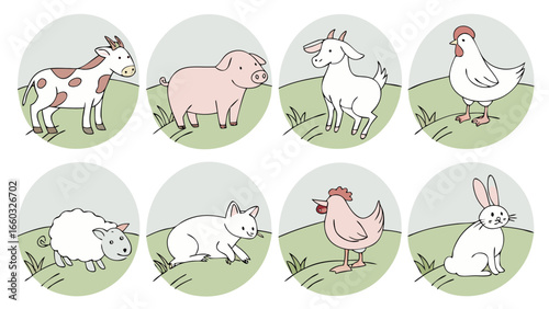 Farm Animals In Oval Frames goat chicken