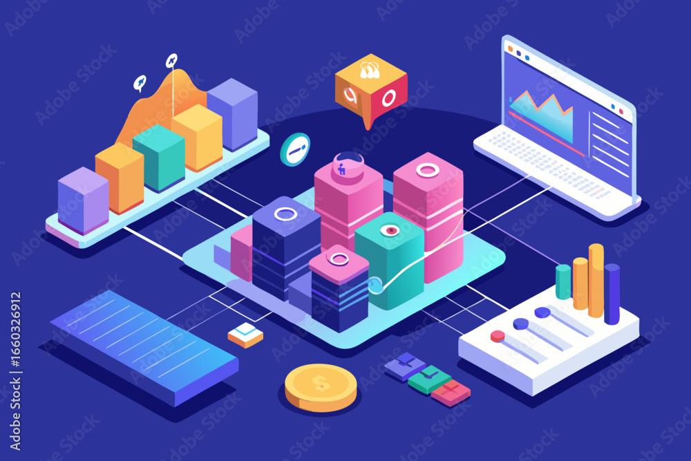 Modern isometric illustration showcasing business data analysis, financial growth charts, and digital marketing strategies for successful campaigns and presentations Modern isometric illustration showcasing business data analysis, financial growth charts, and digital marketing strategies for successful campaigns and presentations