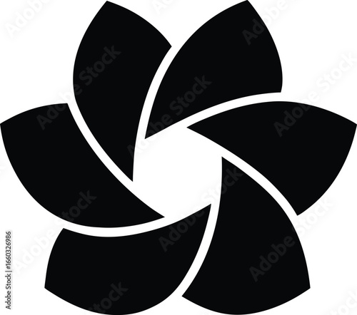 Abstract black flower petal silhouette aperture shape isolated on white background