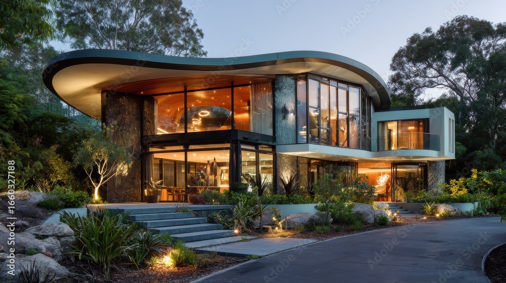 Fototapeta premium Stunning Modern Architectural Masterpiece Surrounded by Lush Landscape at Dusk with Warm Light Illuminating the Elegant Design Elements
