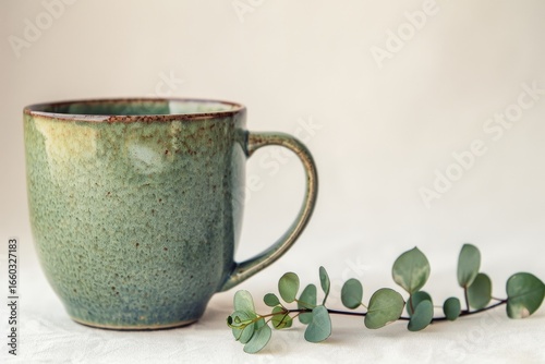 Stylish mockup presentation featuring green coffee mug and plant on soft beige background