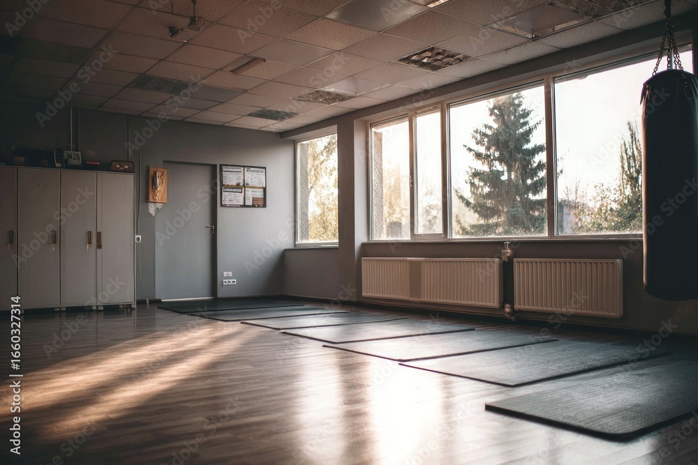 Fototapeta premium Sunlit interior of a spacious exercise room.