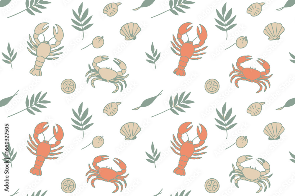 Obraz premium Seafood seamless pattern with lobster, crab, and shell.