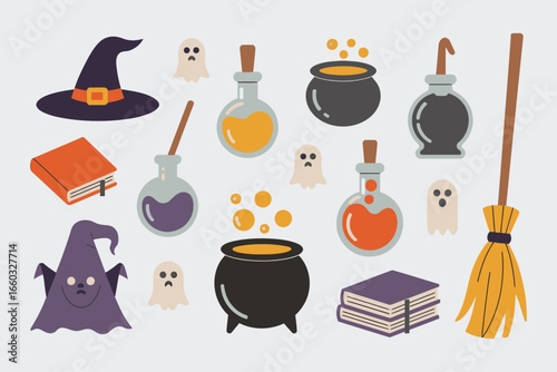 Halloween witch magic set with cauldron, potion, and spell book.