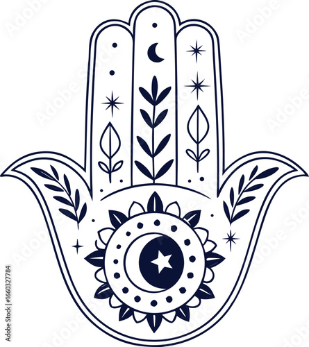 Hamsa Hand with Celestial Symbols Line Art Vector Illustration Spiritual Protective Cosmic Amulet, Hamsa Hand Celestial Vector, Cosmic Hamsa Line Art, Protective Hamsa Hand with Stars and Moon