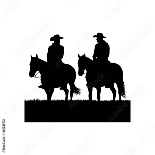 Two cowboys on horseback in silhouette against a white background western riding
