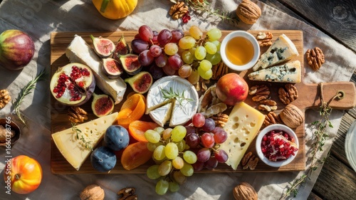 Autumn harvest grazing board with fresh figs, grapes, artisanal cheeses, nuts, honey and seasonal fruits on rustic wooden surface