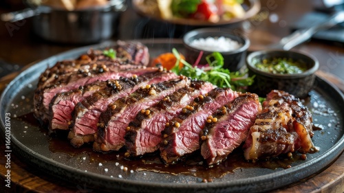 Charred ribeye steak sliced and fanned on dark ceramic plate with sea salt, peppercorns and herb garnish in restaurant setting