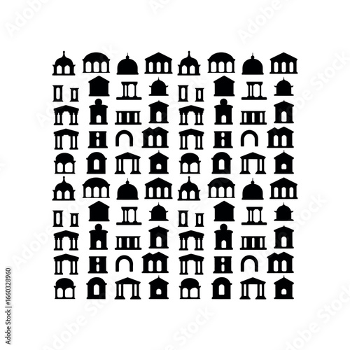 Collection of black building silhouettes with domes and columns on white architecture