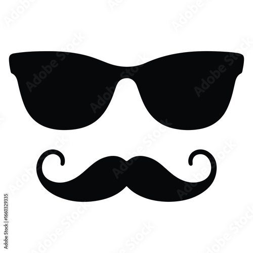Black silhouette of sunglasses and mustache isolated on white background