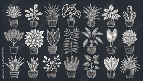 Collection of potted houseplants in a decorative pattern