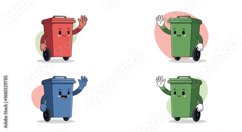 Friendly wheeled waste receptacles waving hello on white background