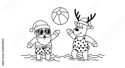 Santa claus and rudolph play beach volleyball on a sunny day
