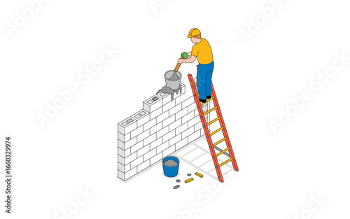 Isometric Construction Worker Building a Wall with Cinder Blocks, Cement, and Ladder; Safety Equipment Used, Construction Site, Home Improvement Project Illustration