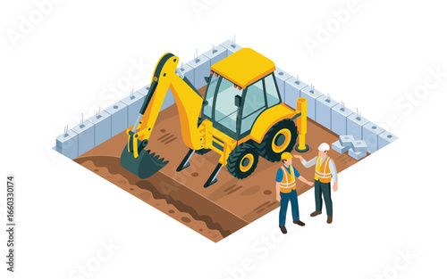 Isometric Construction Site Scene: Excavator, Workers, and Foundation Elements for Building and Infrastructure Development, Illustrating Engineering and Construction Processes