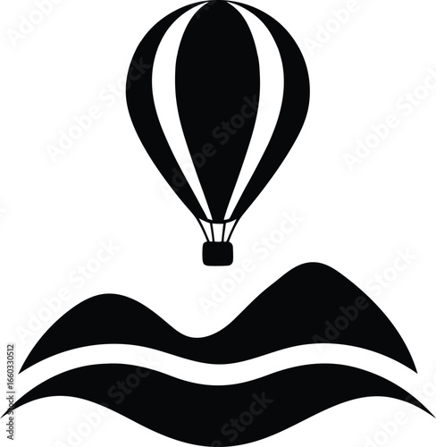 Black silhouette of a hot air balloon floating above stylized mountain peaks isolated on white background