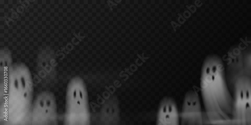 Spooky Halloween background with transparent flying ghosts and smoky effect. Scary, creepy silhouettes, floating ghostly figures in fog. Overlay effect, transparent decoration, border, background.