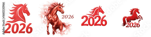 Set of isolated 2026 Year of the Red Horse symbols in red  