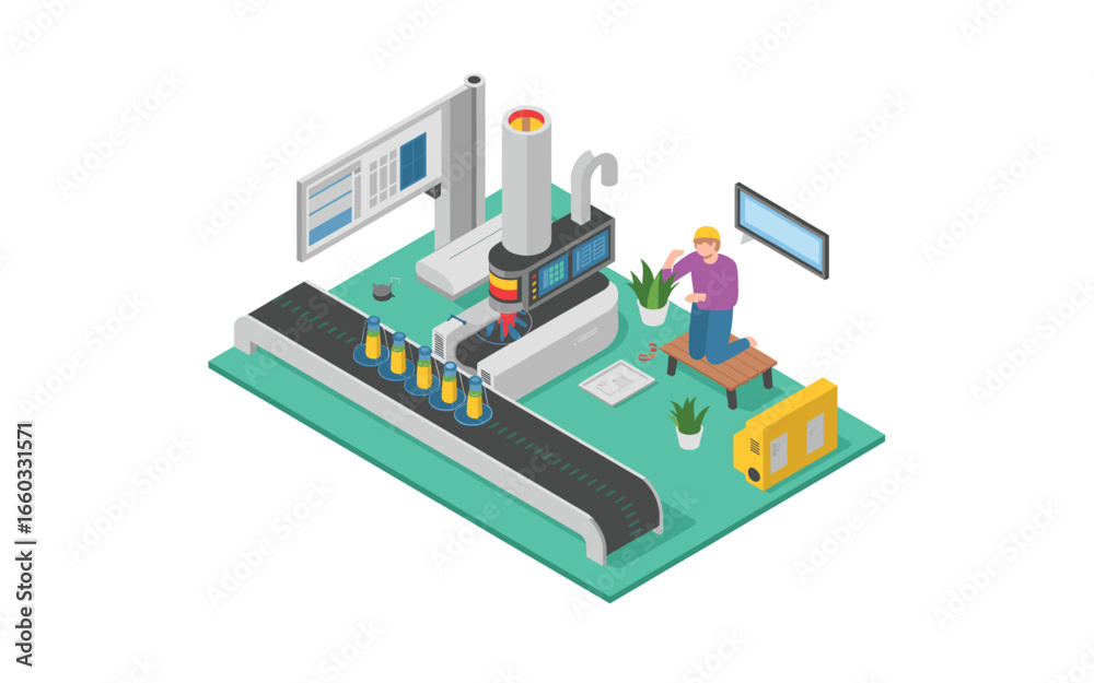 Isometric View of Automated Bottling Line with Operator Monitoring Production; Efficient Production and Quality Assurance for the Bottling Industry, Automated Conveyor System Isometric View of Automated Bottling Line with Operator Monitoring Production; Efficient Production and Quality Assurance for the Bottling Industry, Automated Conveyor System