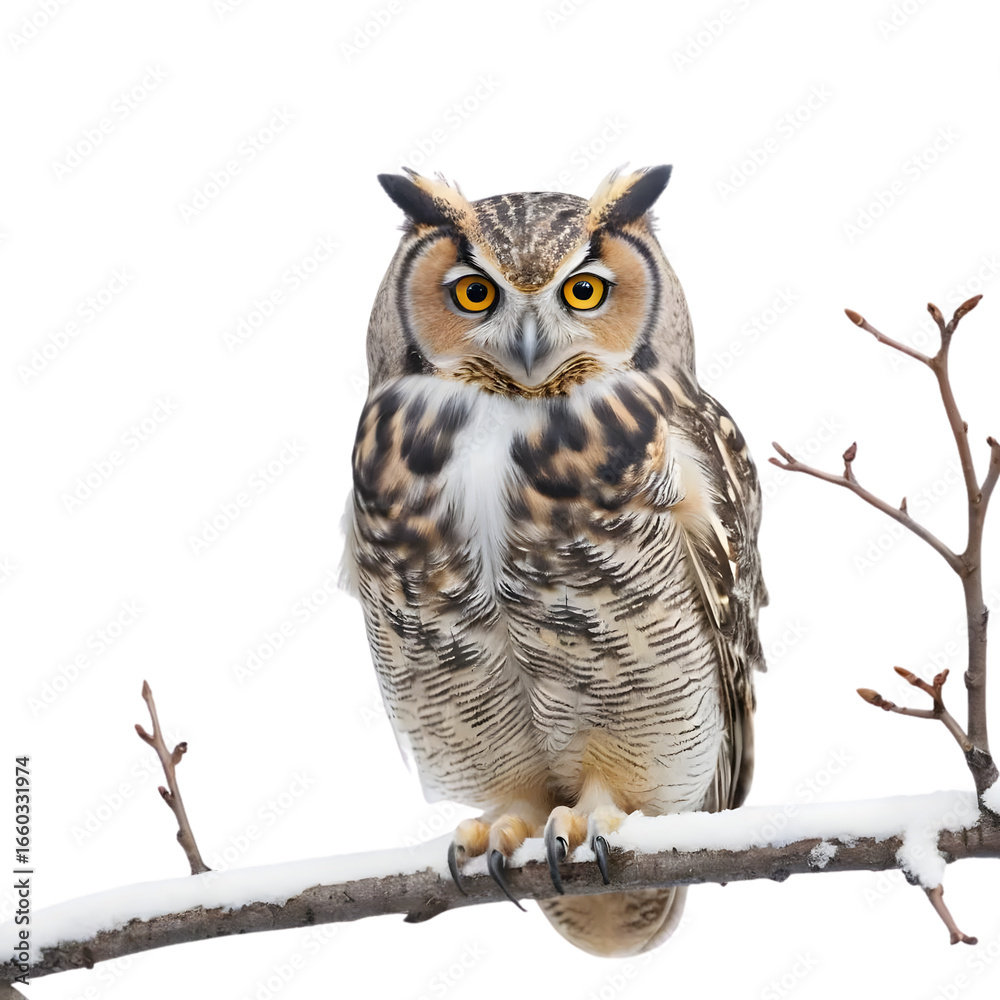 Naklejka premium Majestic Great Horned Owl Perched on Snowy Branch in Winter