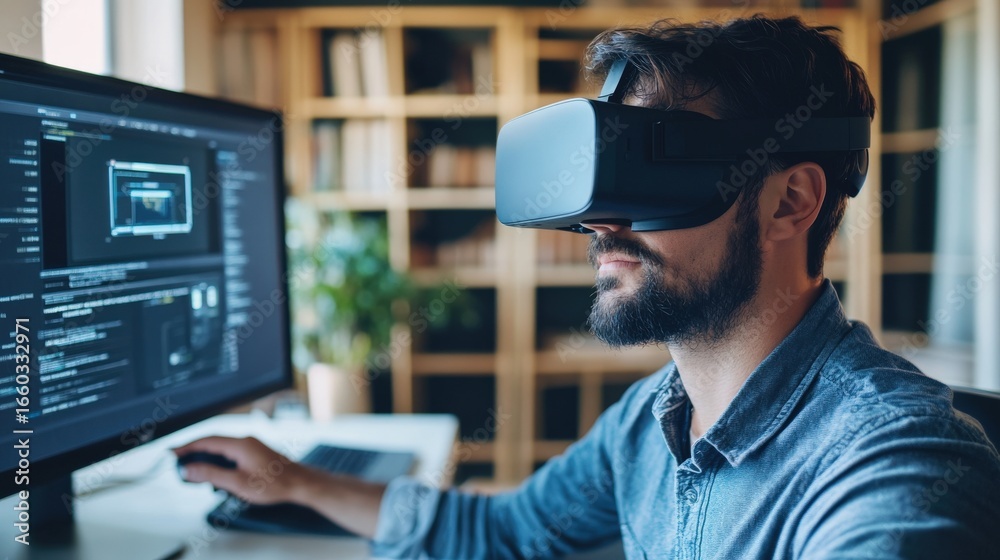 Fototapeta premium Man wearing vr headset looking at computer screen.