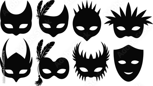Black carnival and masquerade mask silhouettes set, decorative party costume icons, vector illustration collection for festival, celebration, and event design