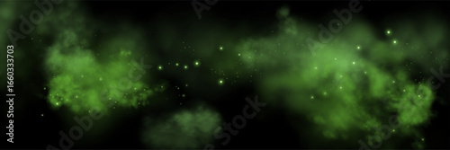 Green space realistic nebula smoke background. Abstract fog texture and shining stars. Magic colorful galaxy with stardust. Abstract vector illustration